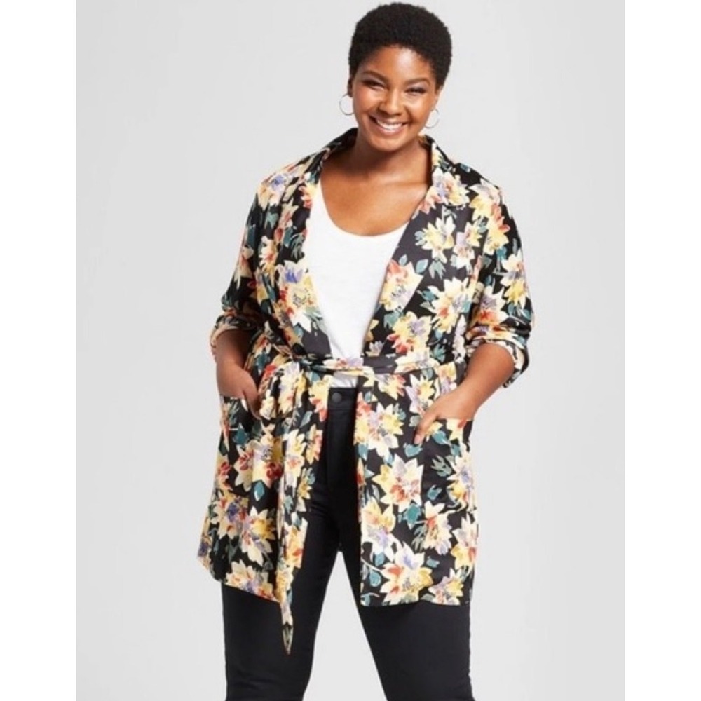 Ava & Viv Womens Floral‎ Duster Cardigan Black Multi Long Sleeve Tie Waist 2X